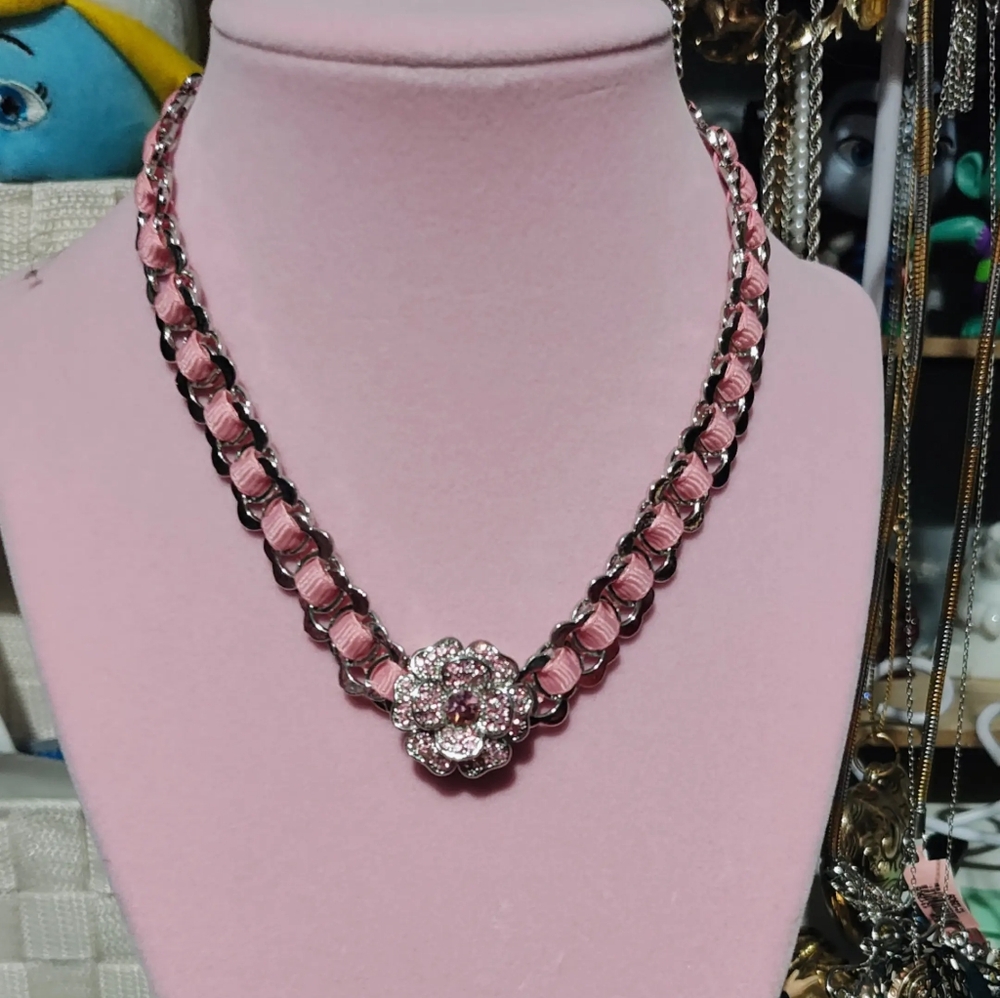 Pink and Silver Floral Necklace with Sparkling Accents